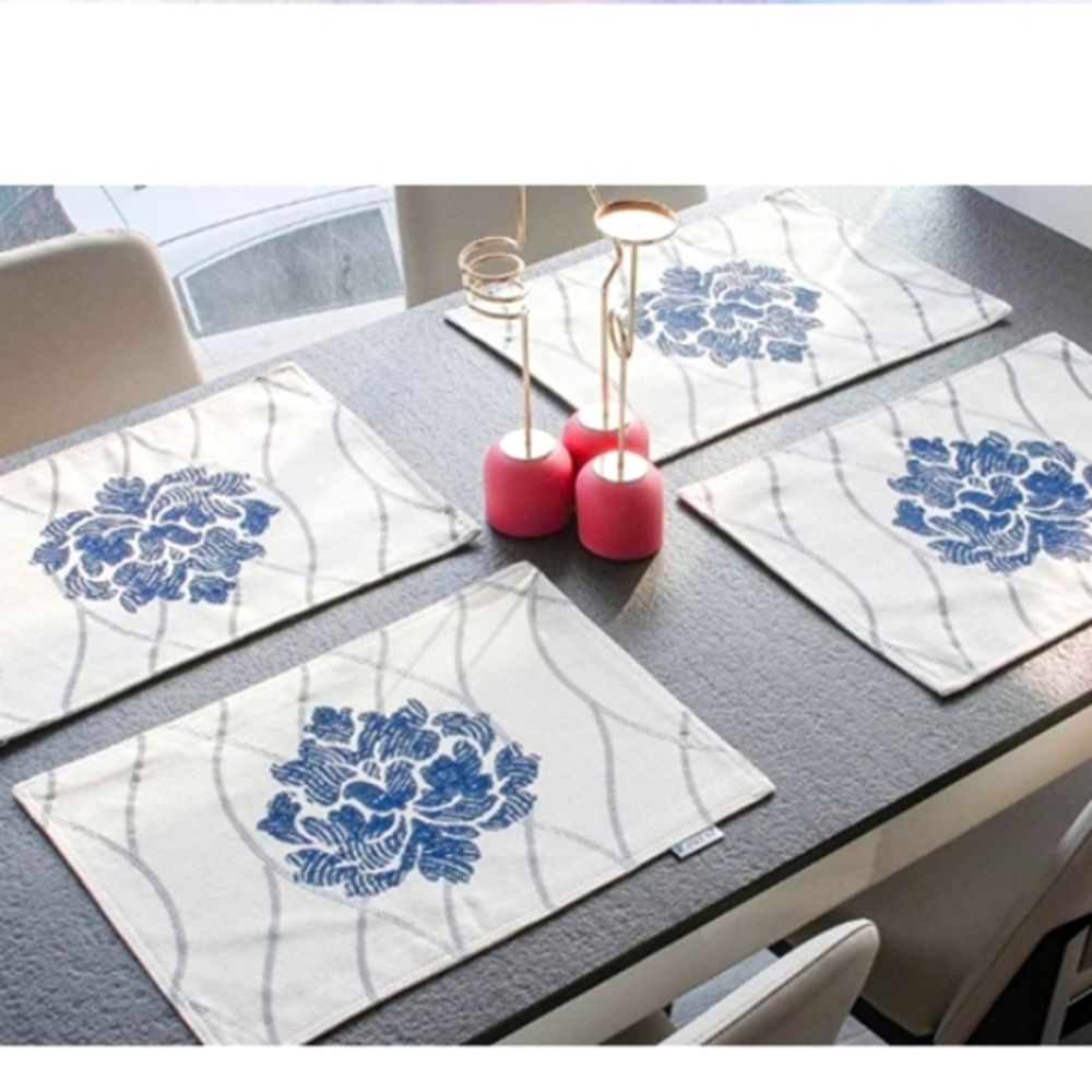 Embroidery 4pc washable Placemats NWT Blue silver